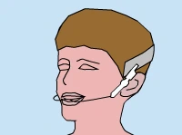 Man wearing orthodontic headgear against light blue background for dental treatment illustration.
