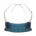 Orthodontic headgear device with blue chin cup and metal framework on white background.