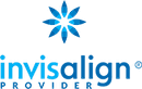 Invisalign logo with blue starburst design and text wordmark for orthodontic treatment.