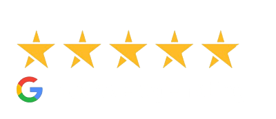 Five gold stars with Google logo, representing five-star rating for Rick Burns Orthodontics