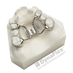Orthodontic brackets and wires displayed on dental model for treatment demonstration.
