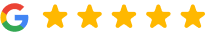 Google logo with five gold stars indicating excellent customer rating for Rick Burns Orthodontics