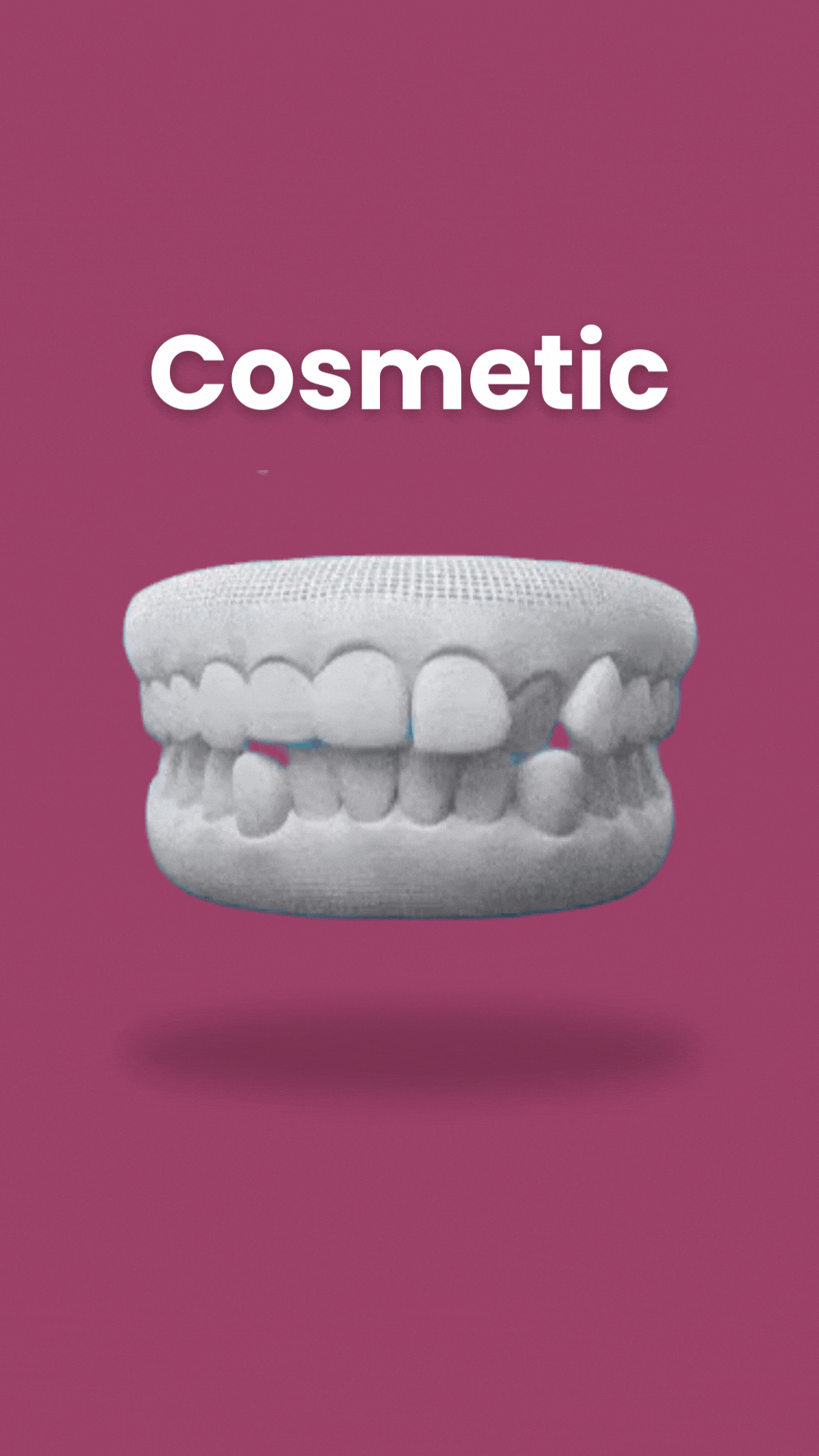 White dental model showing teeth alignment against pink background with "Cosmetic" text above.